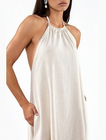 Vestido comprido em mistura de linho com decote halter hiccup