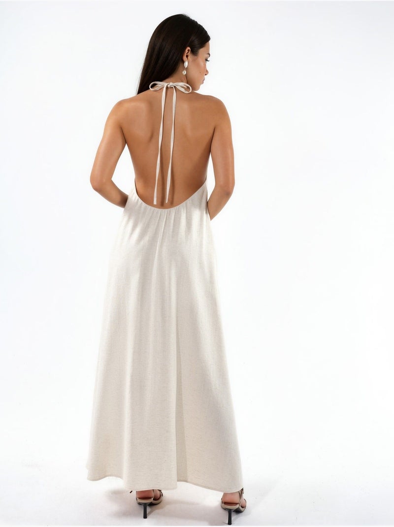 Vestido comprido em mistura de linho com decote halter hiccup Bege natural - Kiabi