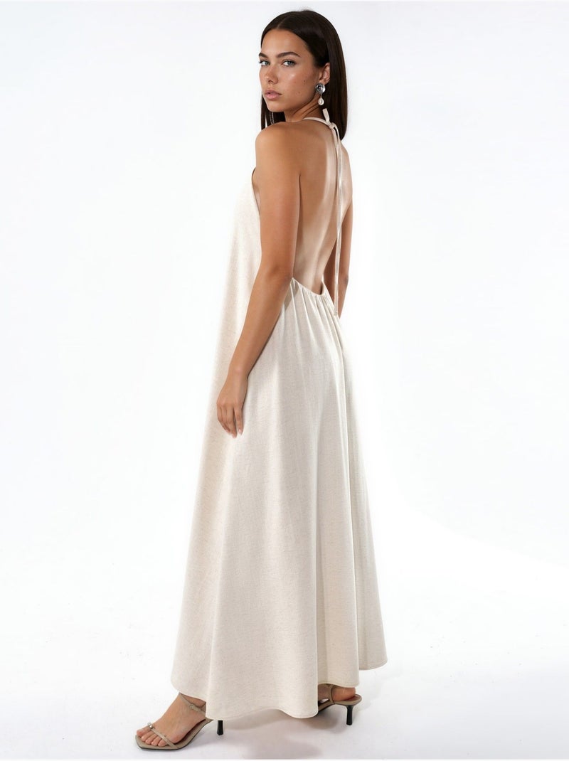 Vestido comprido em mistura de linho com decote halter hiccup Bege natural - Kiabi