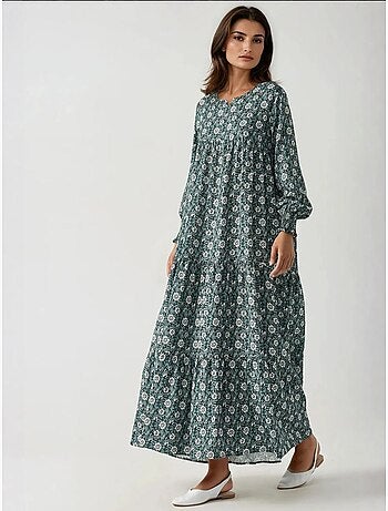 Vestido comprido em viscose com gola redonda estampado hiccup