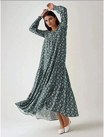Vestido comprido em viscose com gola redonda estampado hiccup