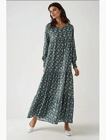 Vestido comprido em viscose com gola redonda estampado hiccup