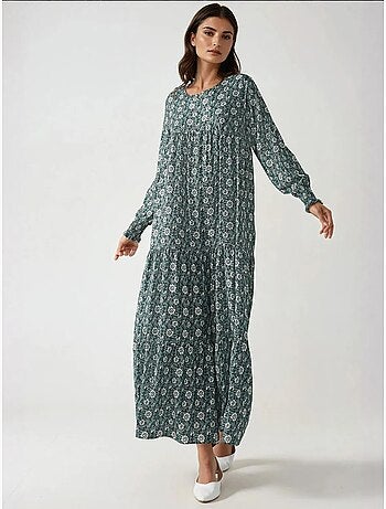 Vestido comprido em viscose com gola redonda estampado hiccup