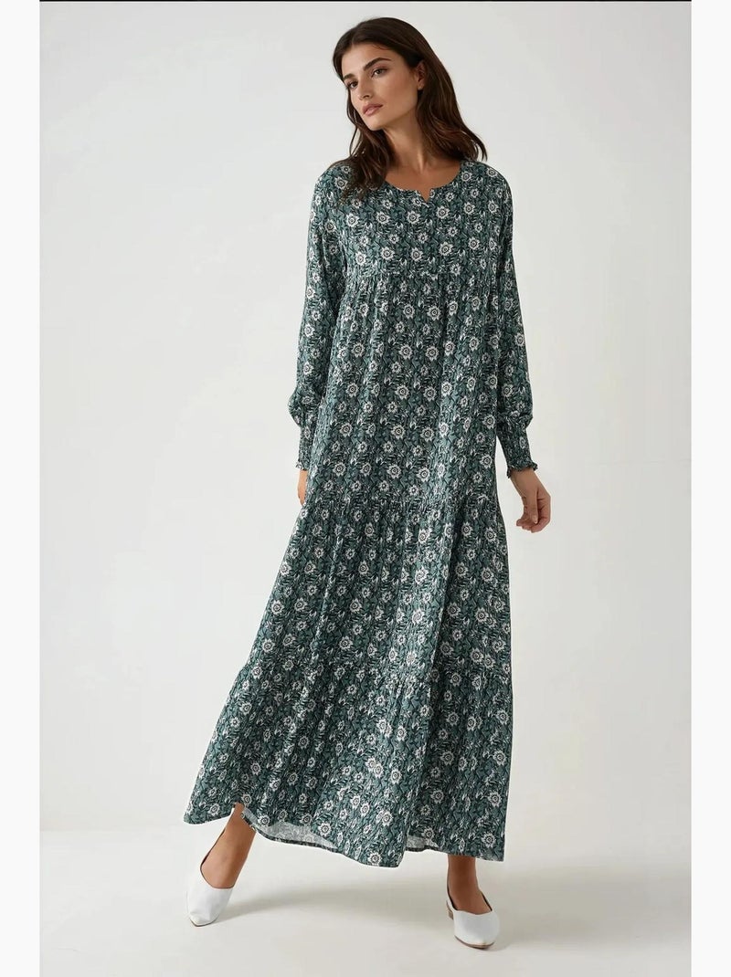 Vestido comprido em viscose com gola redonda estampado hiccup Verde pastel - Kiabi