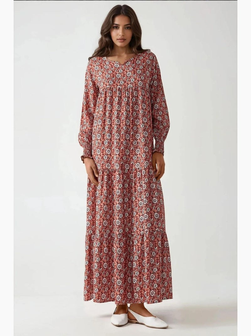 Vestido comprido em viscose com gola redonda estampado hiccup Vermelho - Kiabi