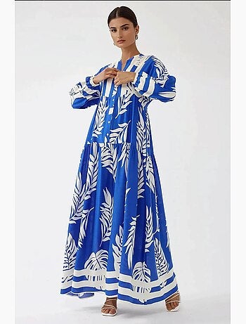 Vestido comprido em viscose com manga comprida estampado hiccup