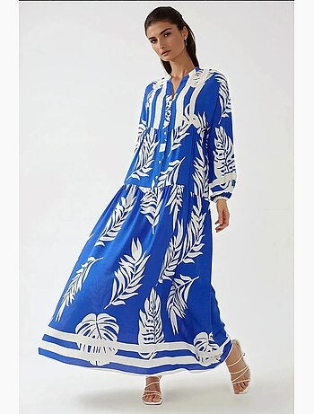 Vestido comprido em viscose com manga comprida estampado hiccup