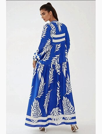 Vestido comprido em viscose com manga comprida estampado hiccup