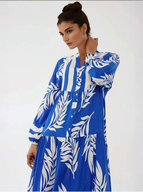Vestido comprido em viscose com manga comprida estampado hiccup - Kiabi Vestido comprido em viscose com manga comprida estampado hiccup - Kiabi