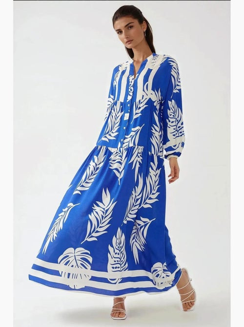 Vestido comprido em viscose com manga comprida estampado hiccup - Kiabi Vestido comprido em viscose com manga comprida estampado hiccup - Kiabi