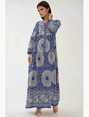 Vestido comprido em viscose com manga comprida estampado hiccup