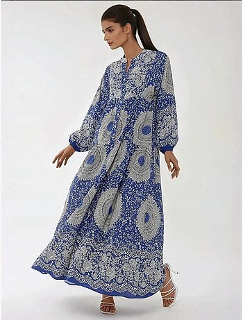 Vestido comprido em viscose com manga comprida estampado hiccup
