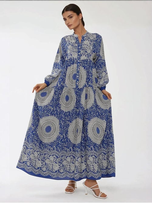 Vestido comprido em viscose com manga comprida estampado hiccup - Kiabi Vestido comprido em viscose com manga comprida estampado hiccup - Kiabi