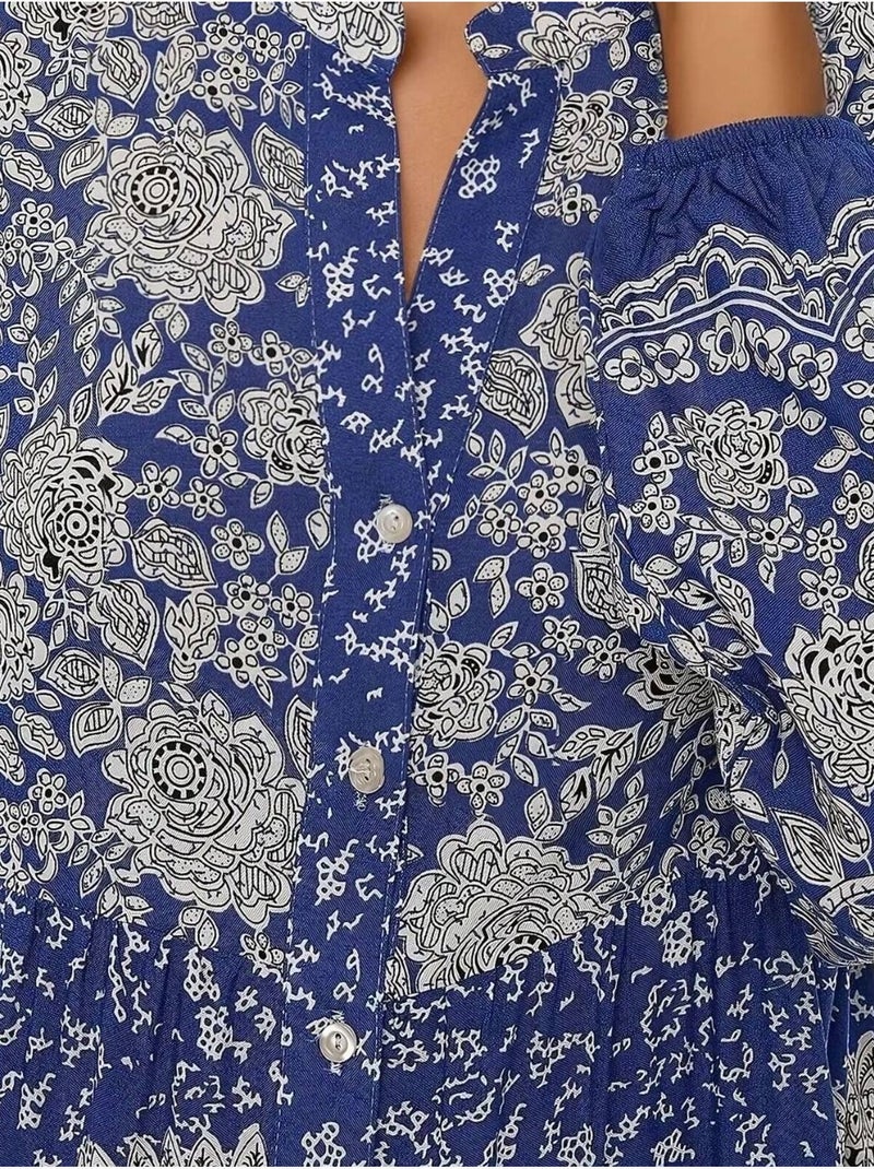 Vestido comprido em viscose com manga comprida estampado hiccup Azul-marinho - Kiabi