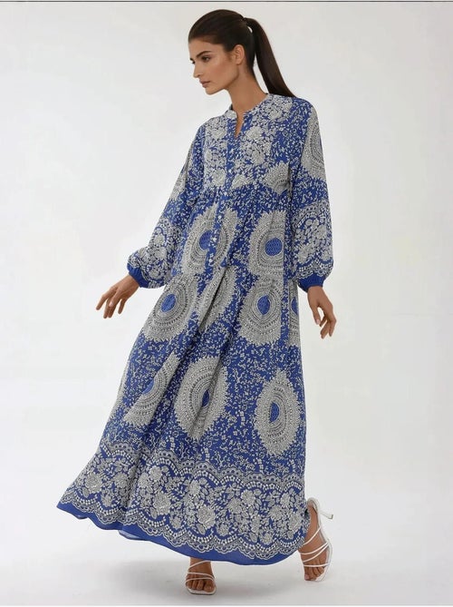 Vestido comprido em viscose com manga comprida estampado hiccup - Kiabi Vestido comprido em viscose com manga comprida estampado hiccup - Kiabi