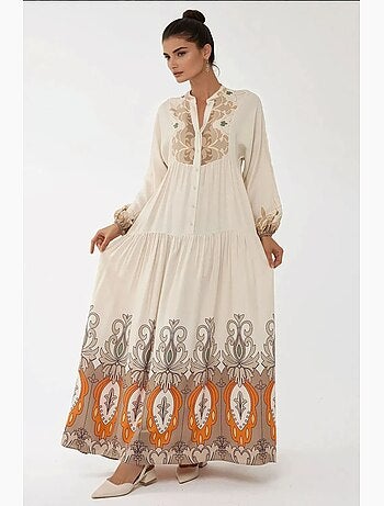 Vestido comprido em viscose com manga comprida estampado hiccup
