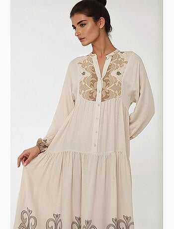 Vestido comprido em viscose com manga comprida estampado hiccup