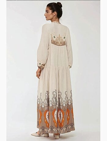 Vestido comprido em viscose com manga comprida estampado hiccup