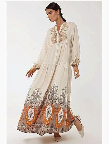 Vestido comprido em viscose com manga comprida estampado hiccup