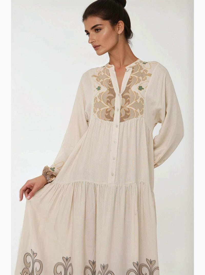 Vestido comprido em viscose com manga comprida estampado hiccup Bege-argila - Kiabi