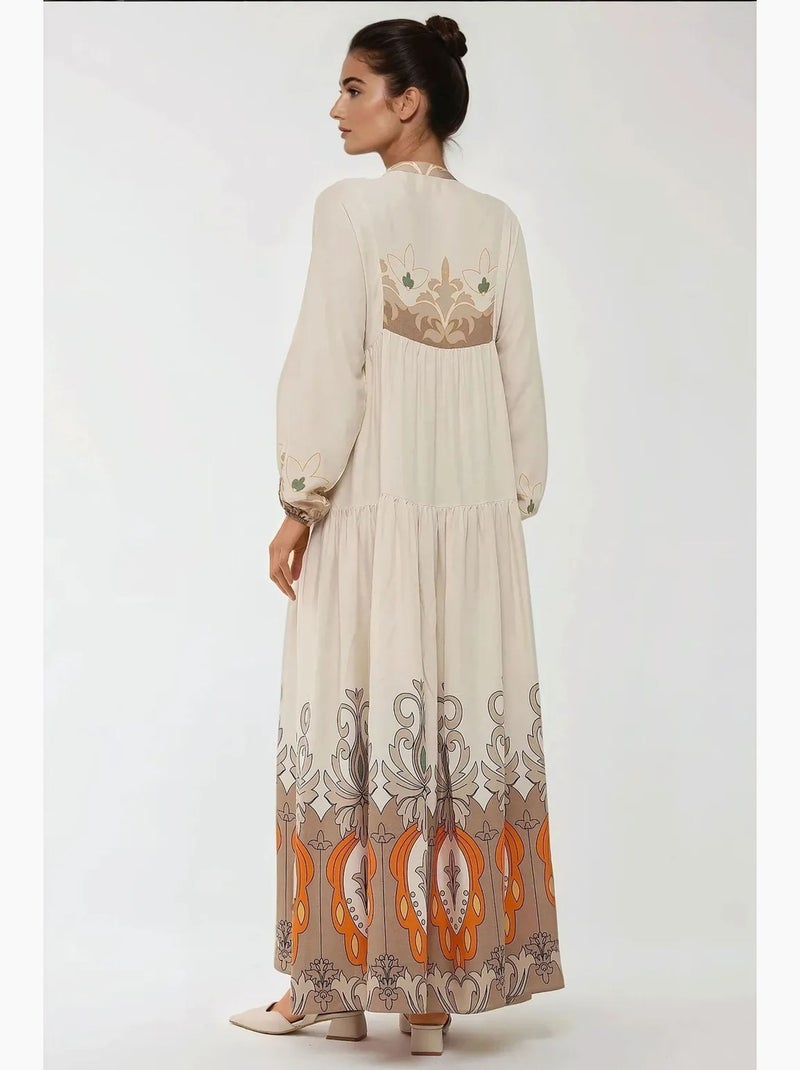 Vestido comprido em viscose com manga comprida estampado hiccup Bege-argila - Kiabi