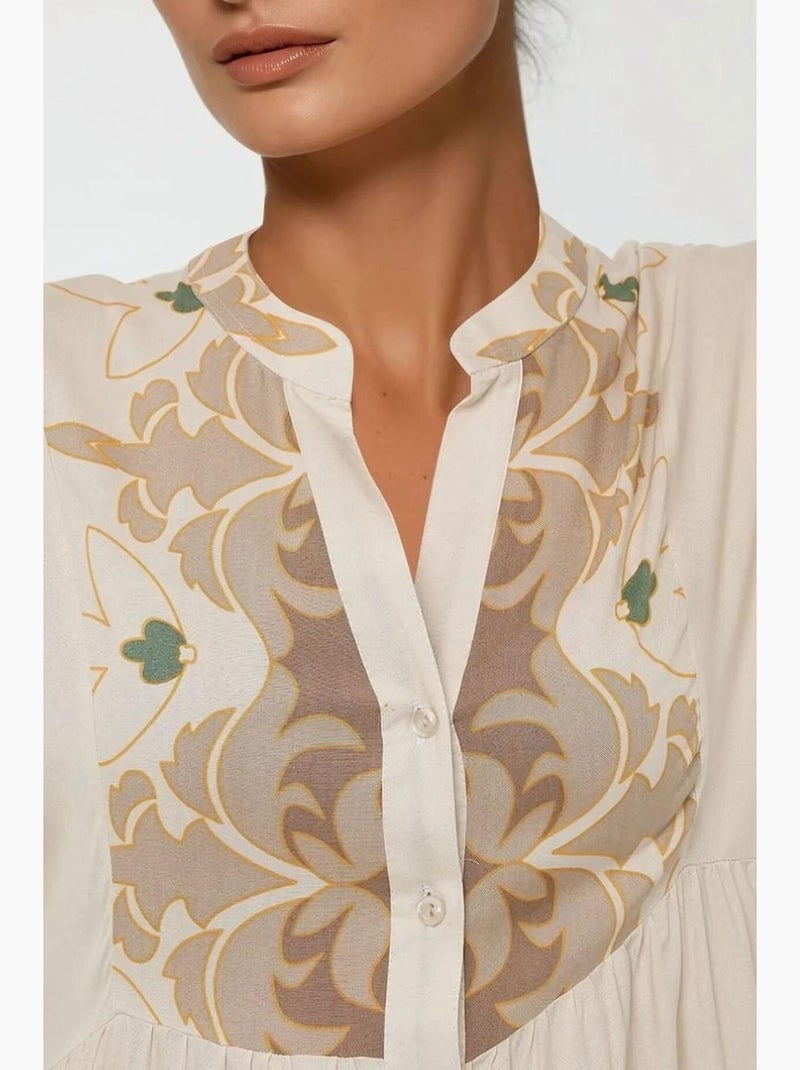 Vestido comprido em viscose com manga comprida estampado hiccup Bege-argila - Kiabi