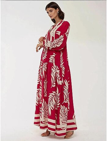 Vestido comprido em viscose com manga comprida estampado hiccup