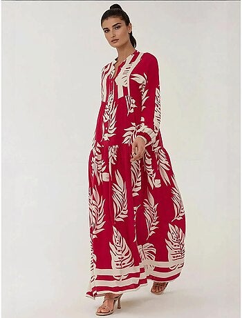 Vestido comprido em viscose com manga comprida estampado hiccup