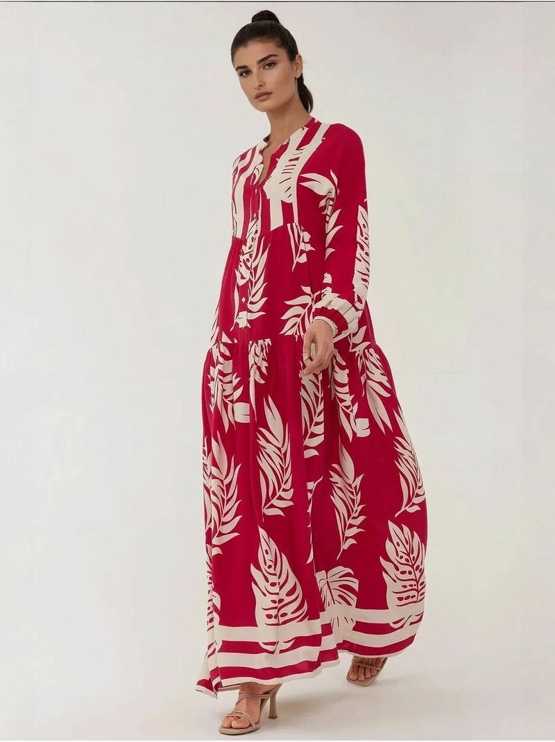Vestido comprido em viscose com manga comprida estampado hiccup Framboesa - Kiabi