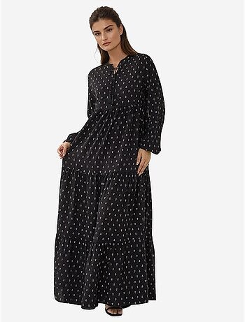 Vestido comprido em viscose com manga comprida estampado hiccup