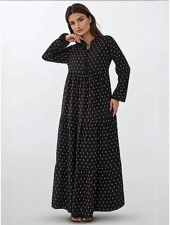 Vestido comprido em viscose com manga comprida estampado hiccup
