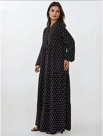 Vestido comprido em viscose com manga comprida estampado hiccup