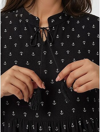 Vestido comprido em viscose com manga comprida estampado hiccup