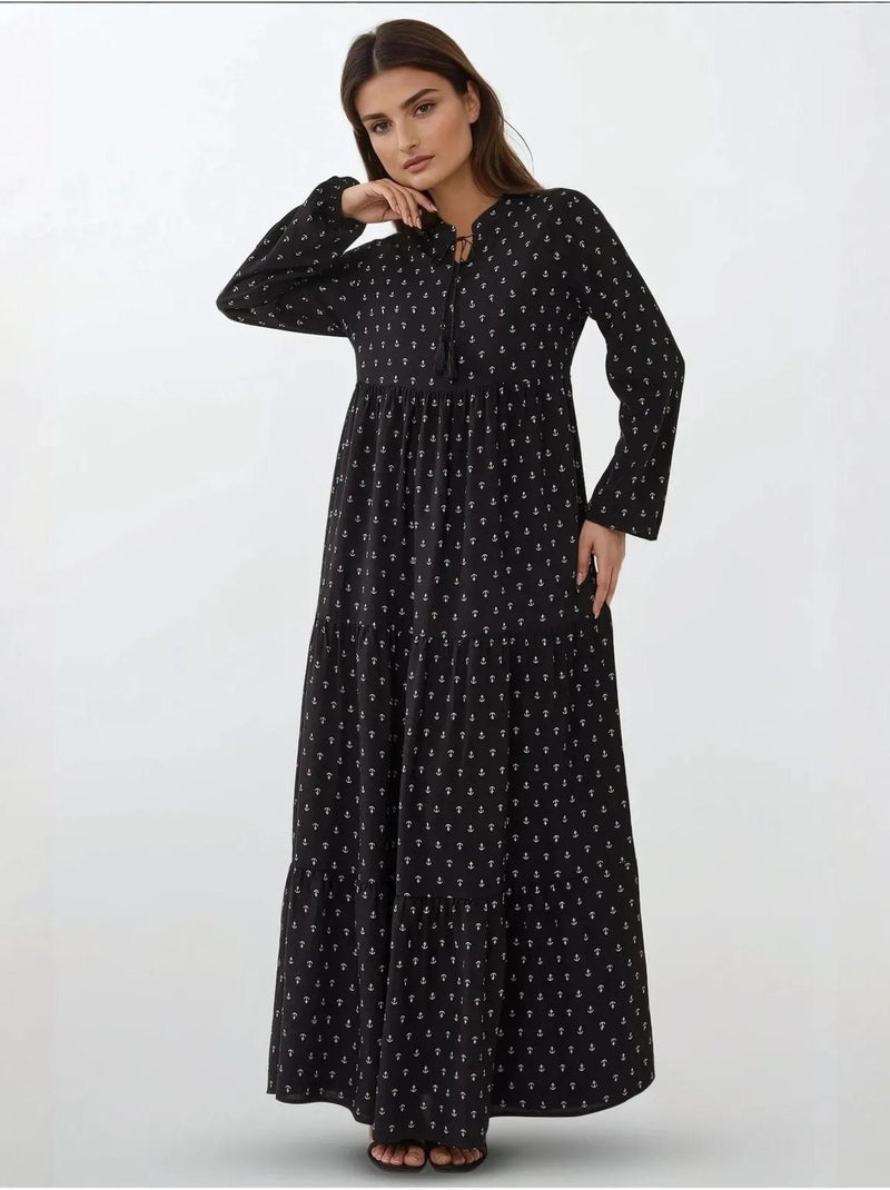 Vestido comprido em viscose com manga comprida estampado hiccup Preto - Kiabi
