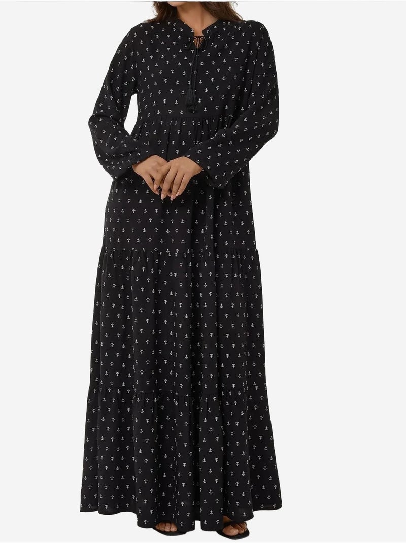 Vestido comprido em viscose com manga comprida estampado hiccup Preto - Kiabi