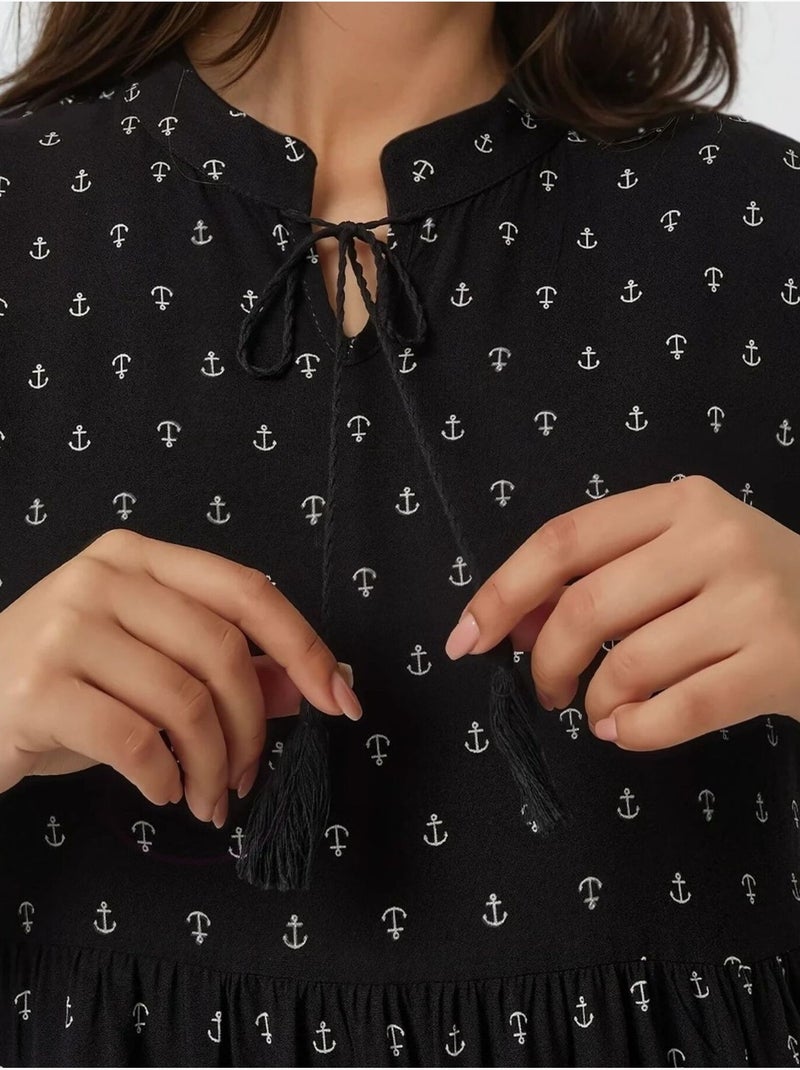 Vestido comprido em viscose com manga comprida estampado hiccup Preto - Kiabi