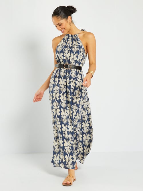 Vestido comprido estampado com decote americano - Kiabi