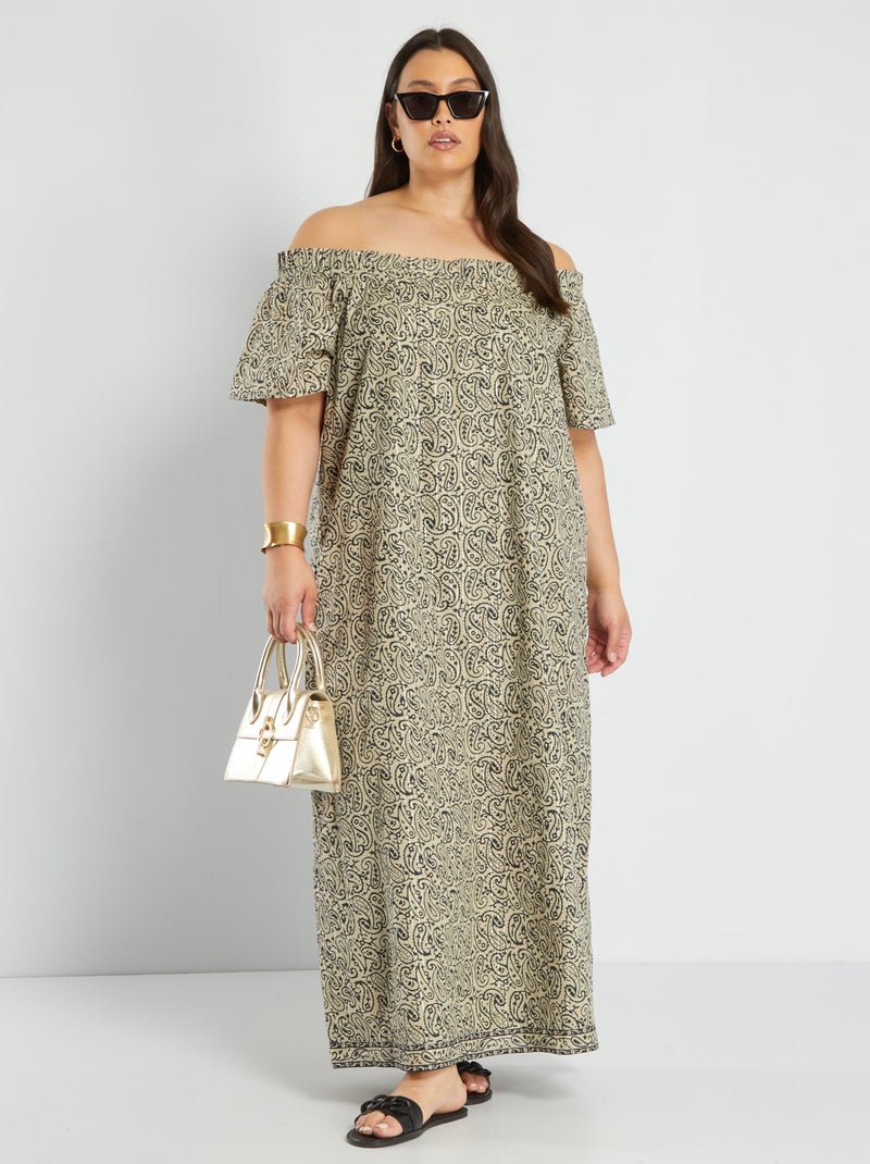 Vestido comprido estampado com decote bardot AZUL - Kiabi