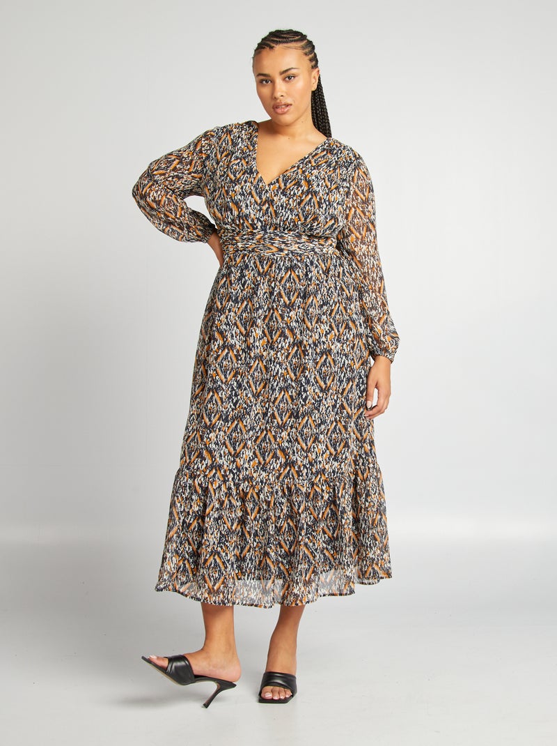 Vestido comprido estampado com decote em bico BEGE - Kiabi
