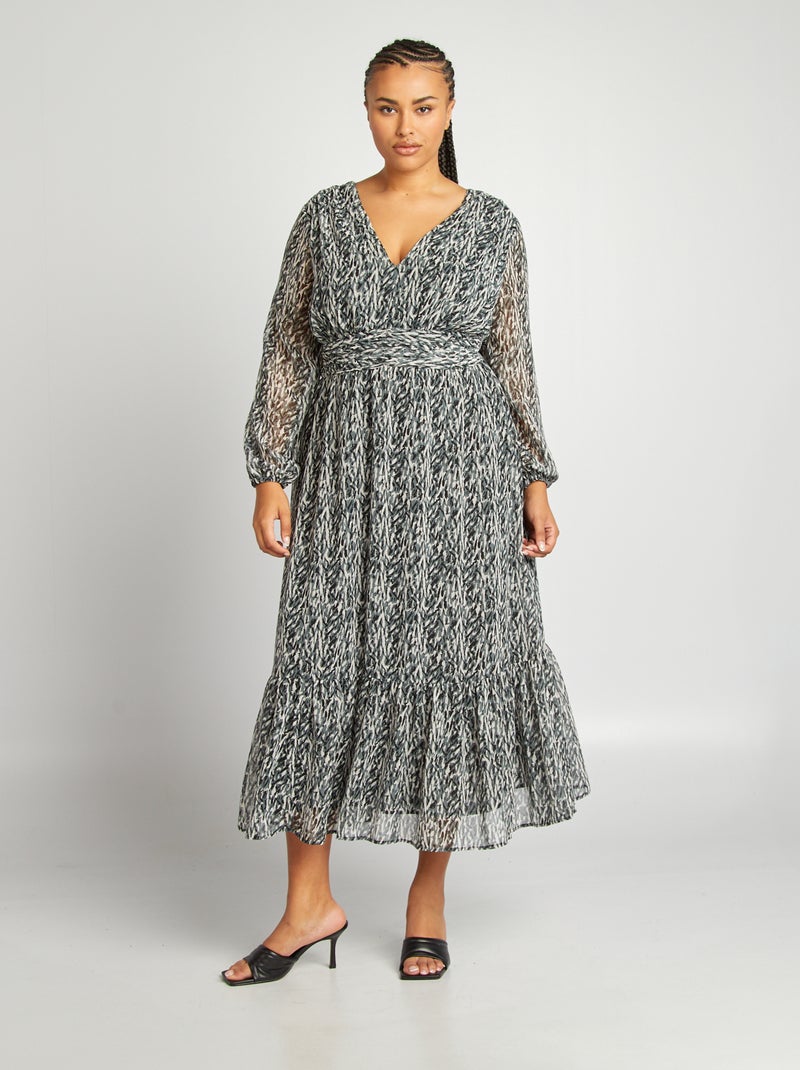Vestido comprido estampado com decote em bico PRETO - Kiabi