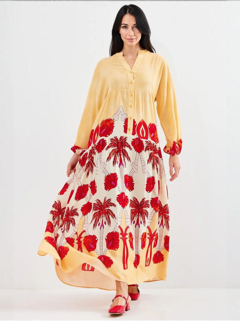 Vestido comprido estampado com decote em v bdart Amarelo - Kiabi