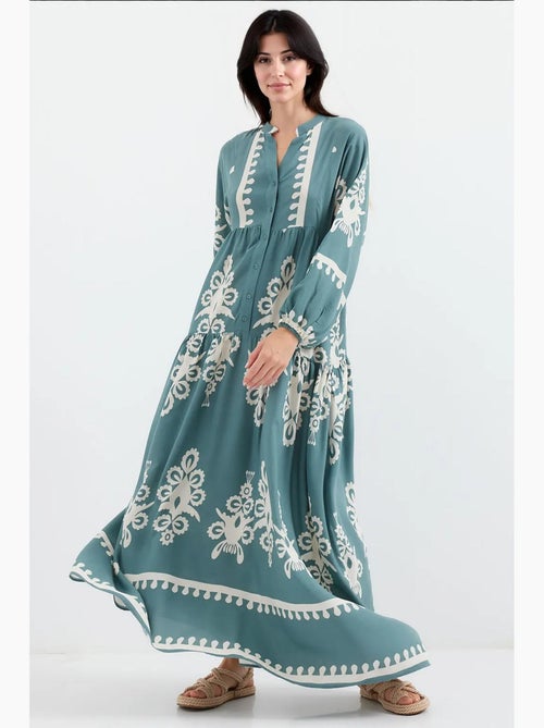 Vestido comprido estampado com decote em v bdart - Kiabi Vestido comprido estampado com decote em v bdart - Kiabi