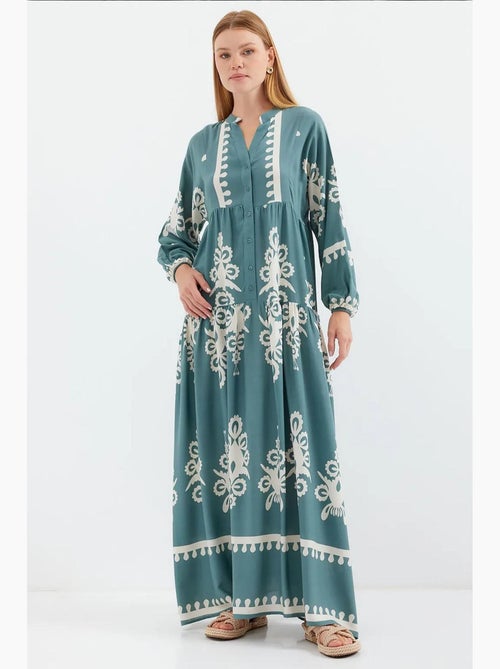 Vestido comprido estampado com decote em v bdart - Kiabi Vestido comprido estampado com decote em v bdart - Kiabi