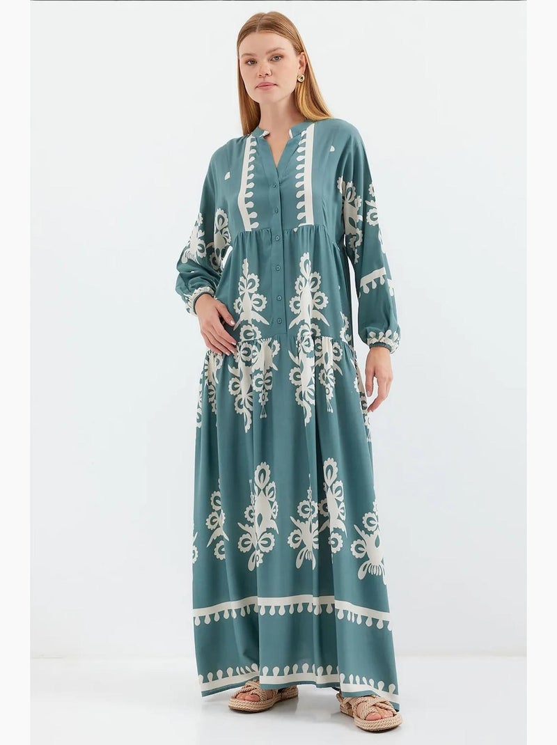 Vestido comprido estampado com decote em v bdart Azul-aqua - Kiabi
