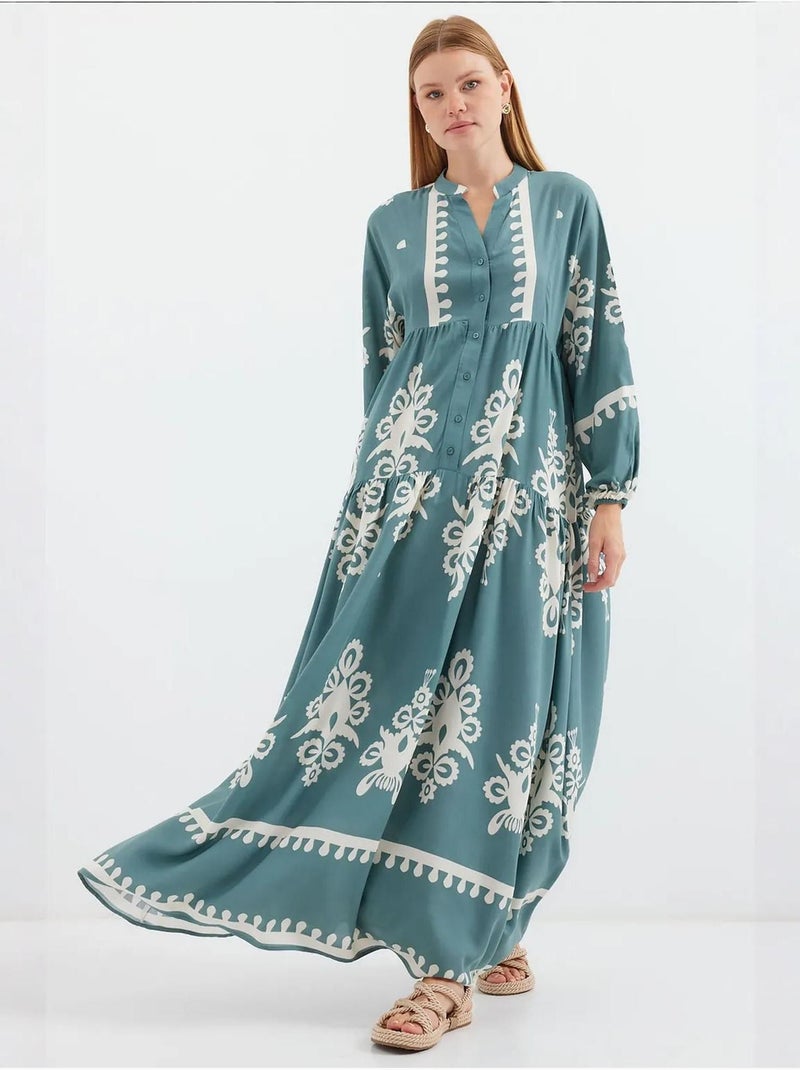 Vestido comprido estampado com decote em v bdart Azul-aqua - Kiabi