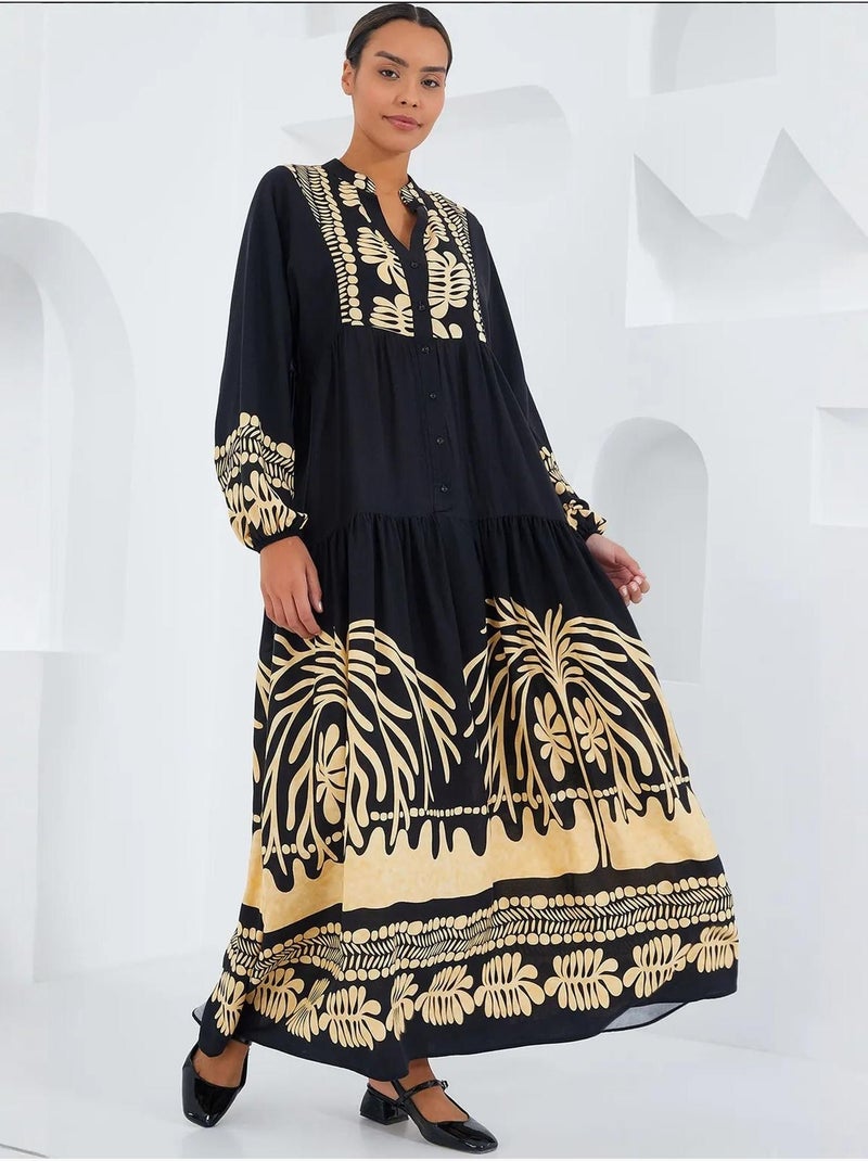 Vestido comprido estampado com decote em v bdart Azul-noite - Kiabi