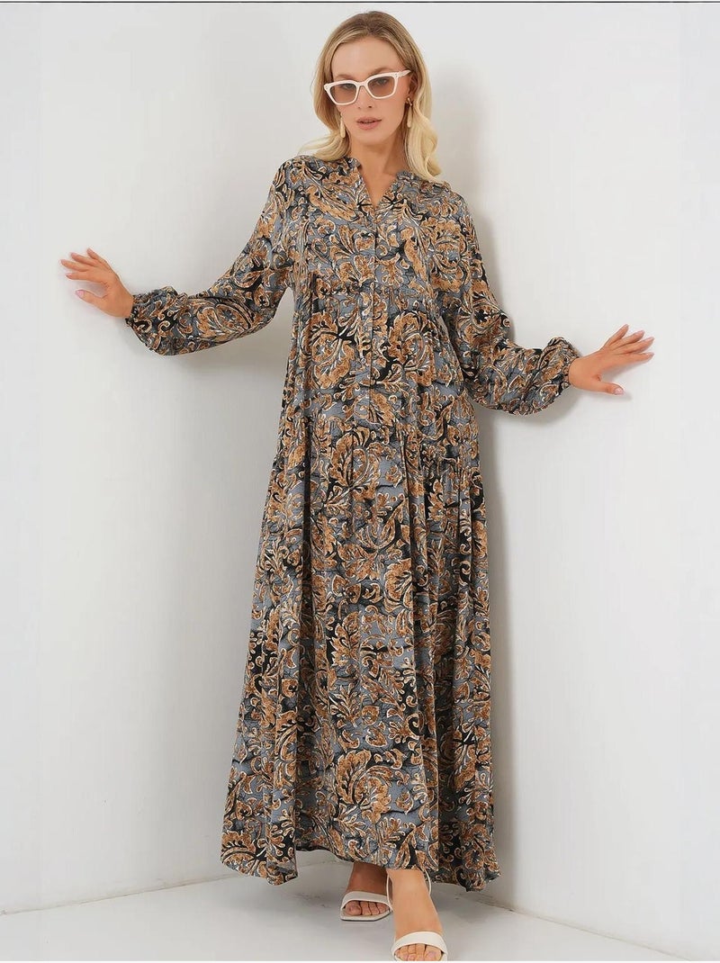 Vestido comprido estampado com decote em v bdart Cinza médio - Kiabi