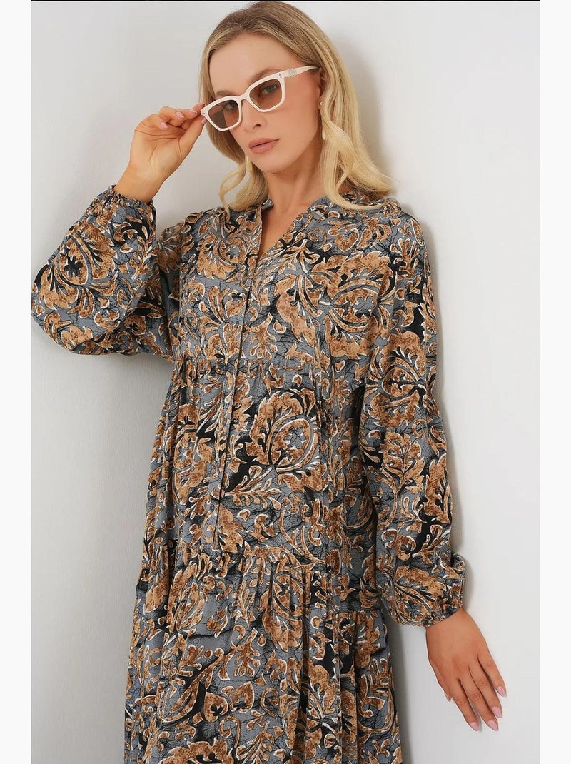 Vestido comprido estampado com decote em v bdart Cinza médio - Kiabi