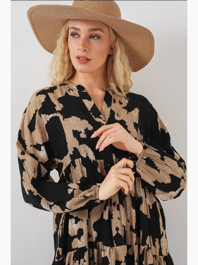 Vestido comprido estampado com decote em v bdart Greige - Kiabi