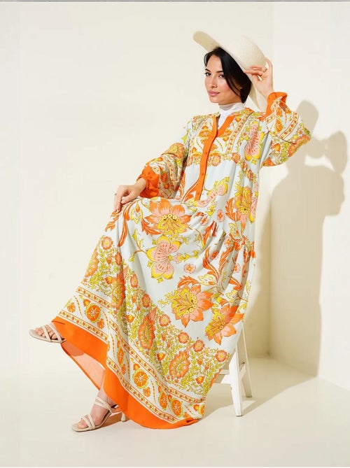 Vestido comprido estampado com decote em v bdart - Kiabi Vestido comprido estampado com decote em v bdart - Kiabi